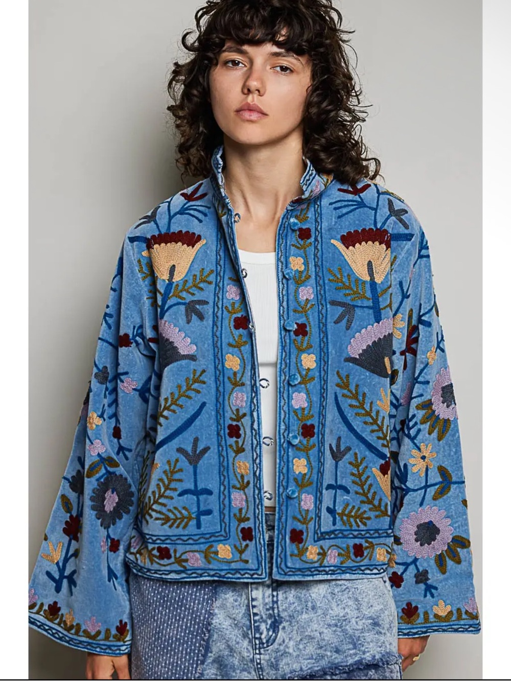 POL Denim Blue Cotton Velvet Embroidered Floral Suzani Jacket - Picture 2 of 6